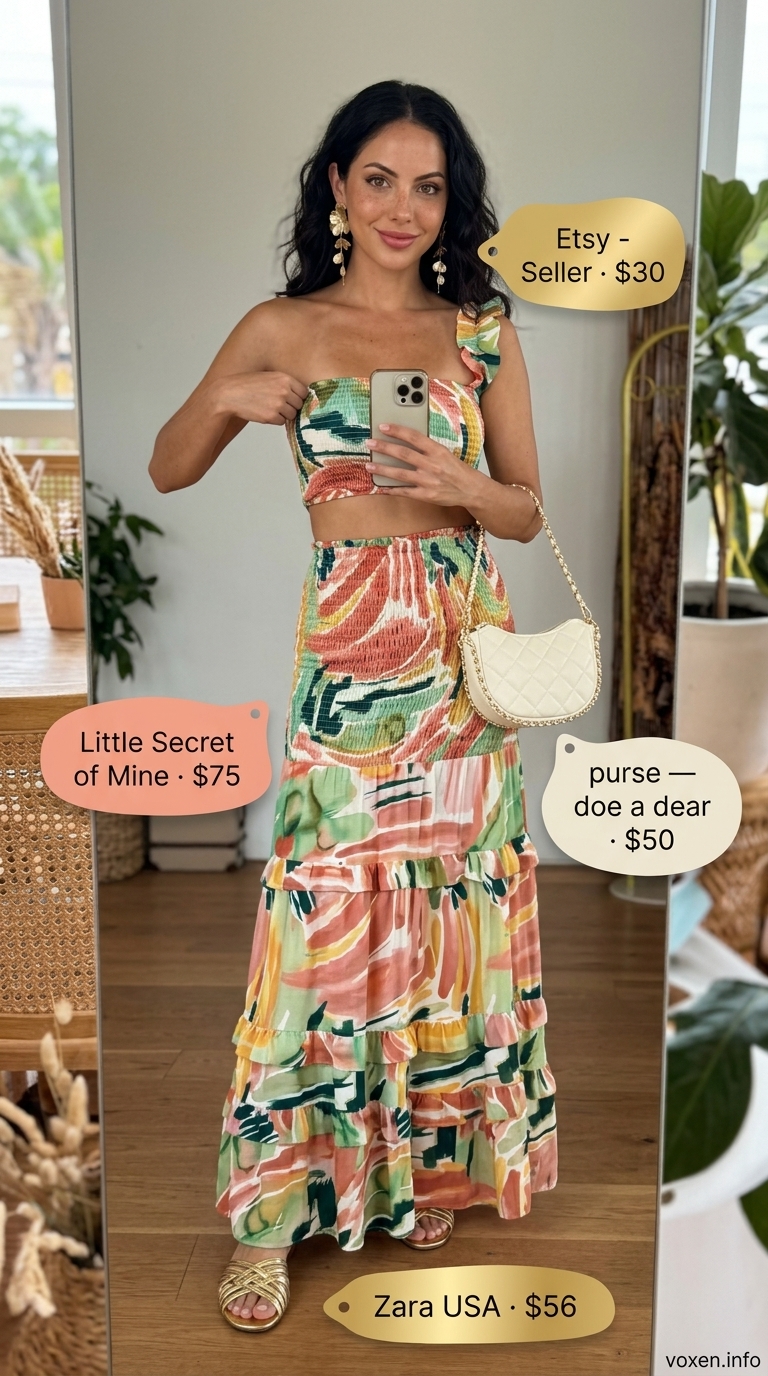 Teal and coral abstract print matching set with gold earrings for trendy summer brunch outfits for women 2026.