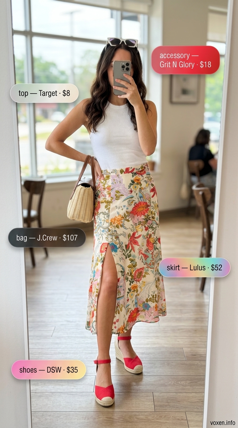 Floral midi skirt, white tank top, and espadrille wedges for retro summer brunch outfits for women 2026.