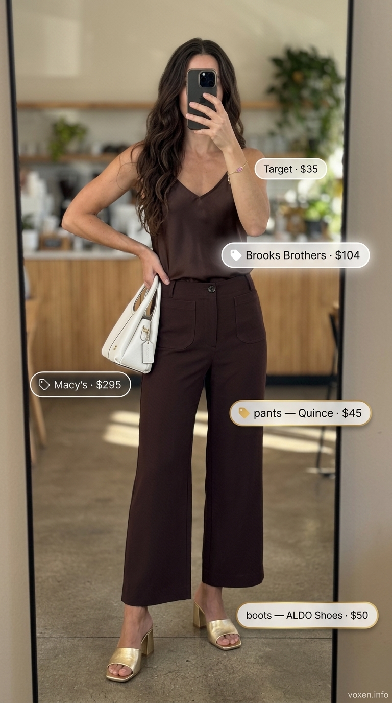 Mocha brown trousers, satin camisole, and gold mules for sophisticated summer brunch outfits for women 2026.