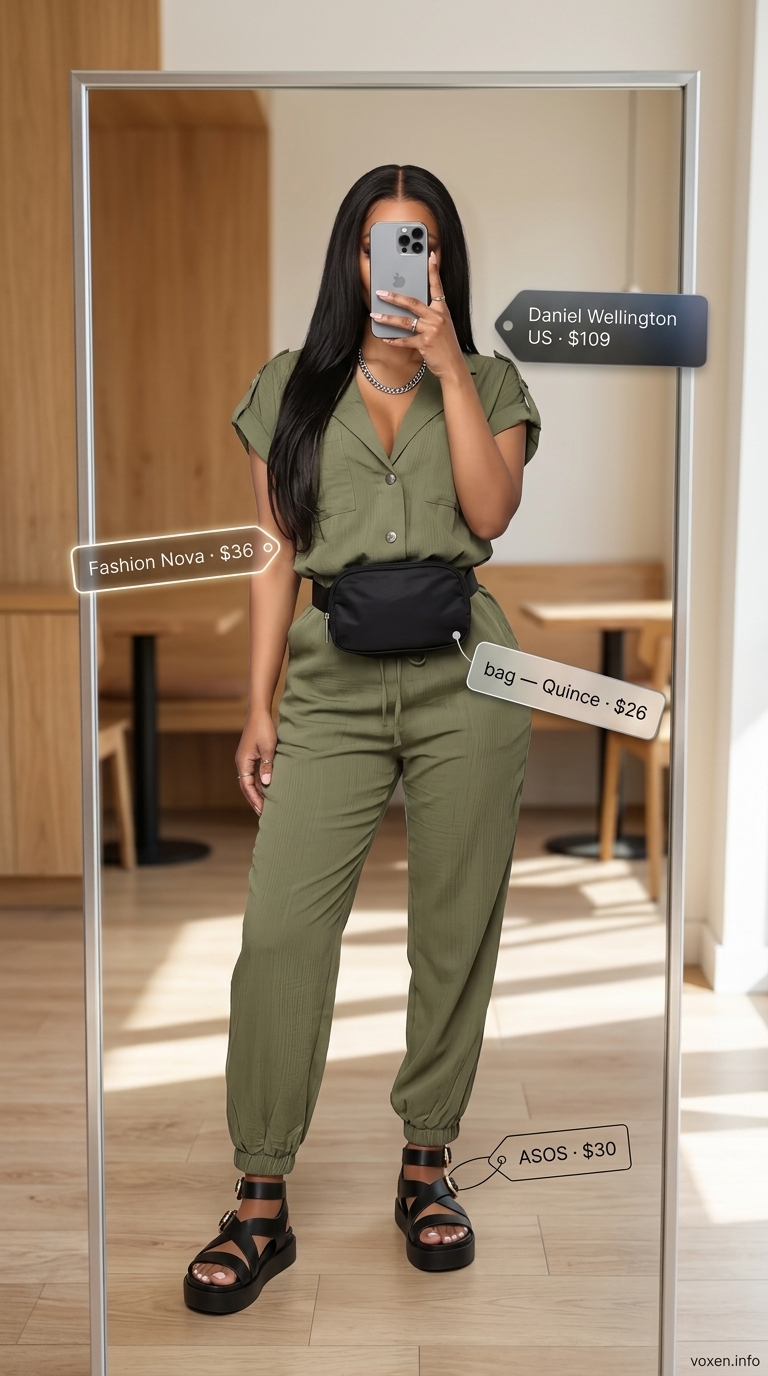 Olive green utility jumpsuit with chunky sandals and belt bag for edgy summer brunch outfits for women 2026.