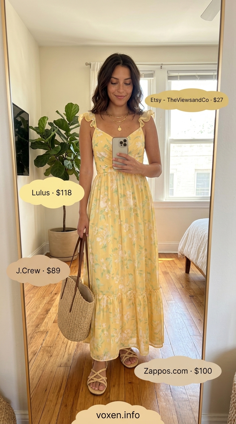 Yellow floral maxi dress with straw hat and tote for boho summer brunch outfits for women 2026.