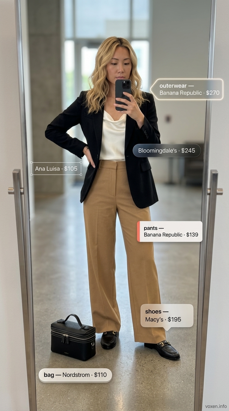 Beige trousers, ivory camisole, and black blazer for a summer business casual outfit for women 2026. Sophisticated look.