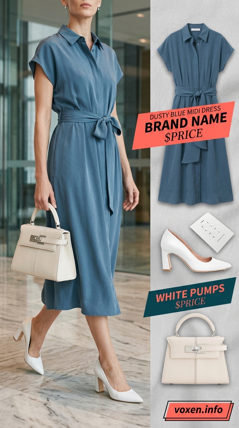 Dusty blue tencel midi dress for a confident summer business casual outfit for women 2026. Professional and refined.