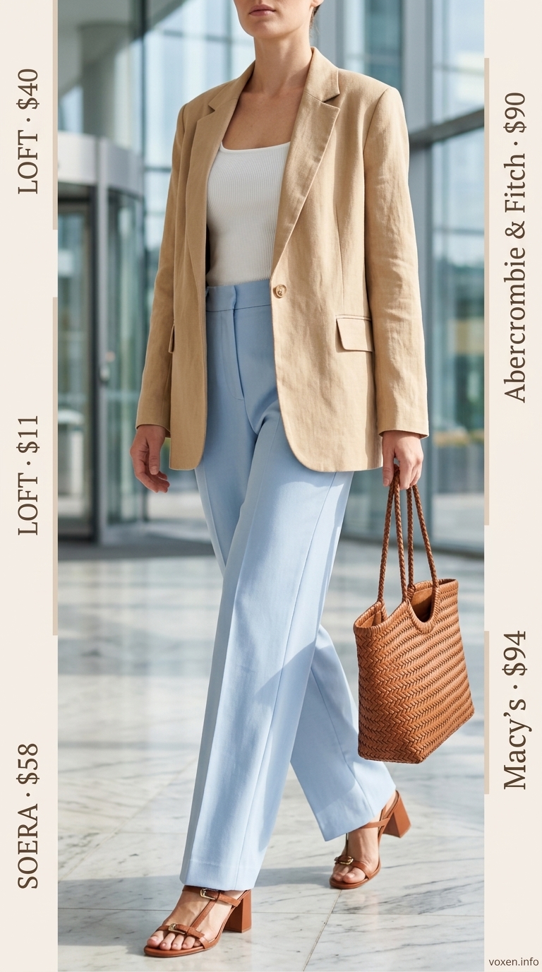Light blue wide-leg trousers and white tank for a relaxed summer business casual outfit for women 2026. Chic and airy.