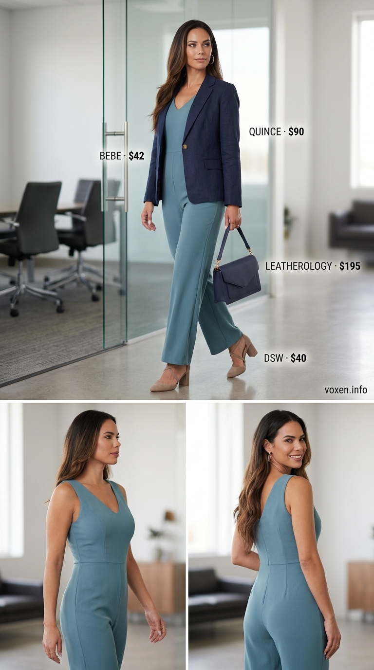 Summer business casual outfit for women 2026: Cobalt blue jumpsuit, navy blazer, tan pumps for team lunch.