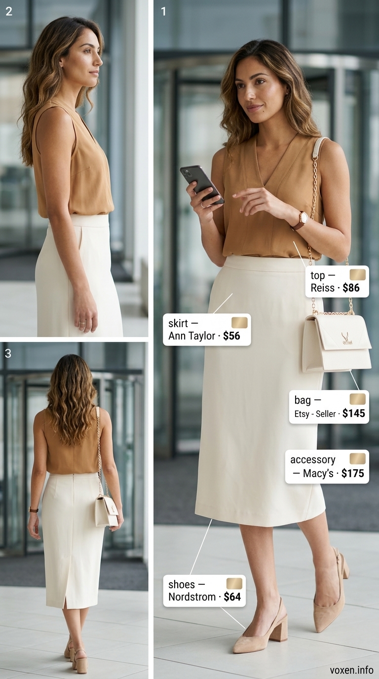 Summer business casual outfit for women 2026: Cream pencil skirt, camel top, camel heels for formal office.