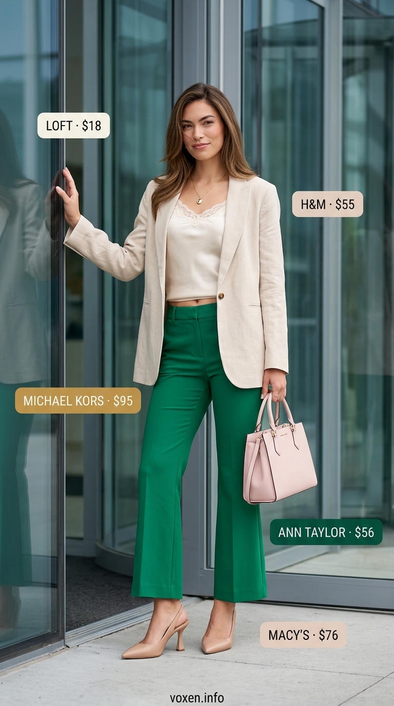 Summer business casual outfit for women 2026: Emerald green pants, nude blazer, nude pumps for creative brainstorm.