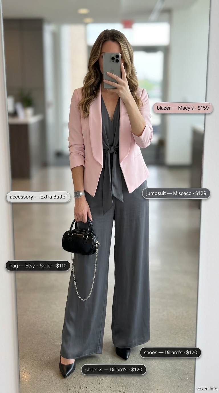 Summer business casual outfit for women 2026: Charcoal grey jumpsuit, blush blazer, black pumps for networking.