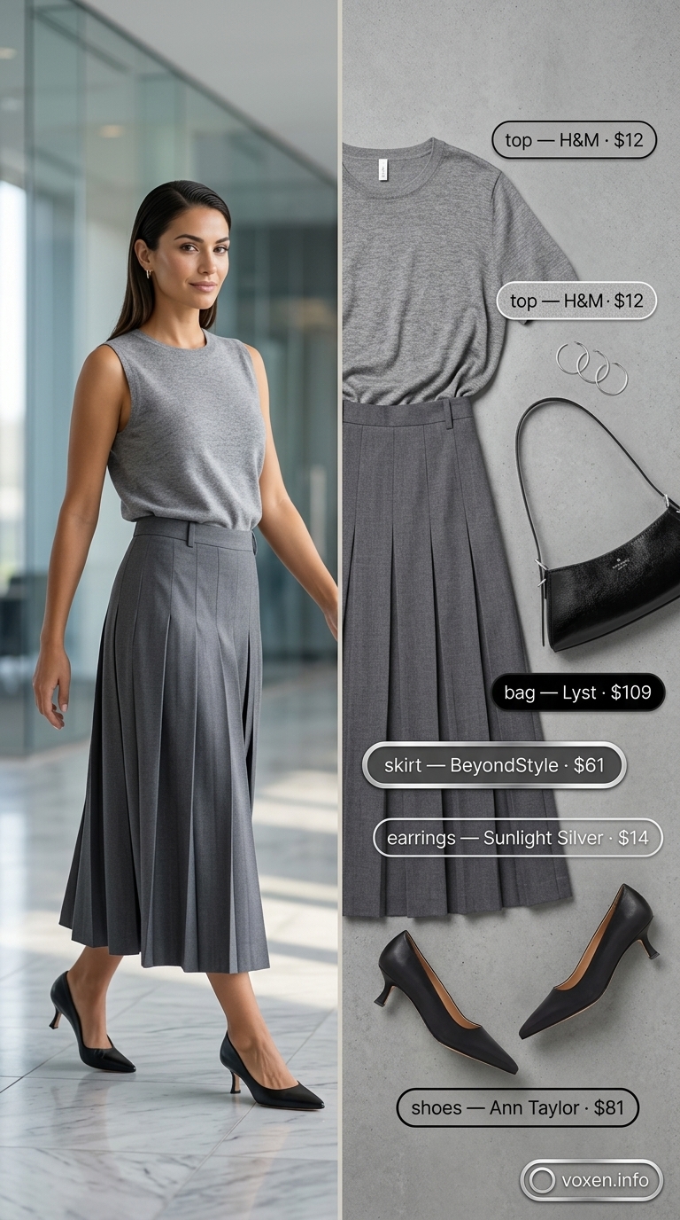 Summer business casual outfit for women 2026: Grey pleated skirt, grey top, black pumps for formal event.