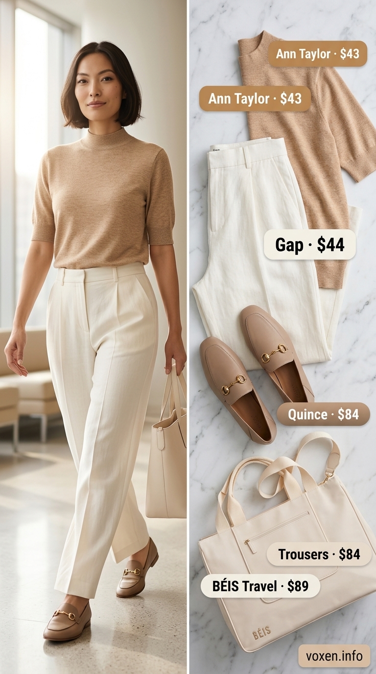 Ivory linen trousers and khaki sweater for a summer business casual outfit for women 2026. Relaxed office style.