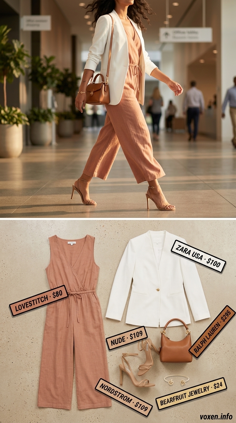 Terracotta jumpsuit and cream blazer for an empowered summer business casual outfit for women 2026. Chic and comfortable.