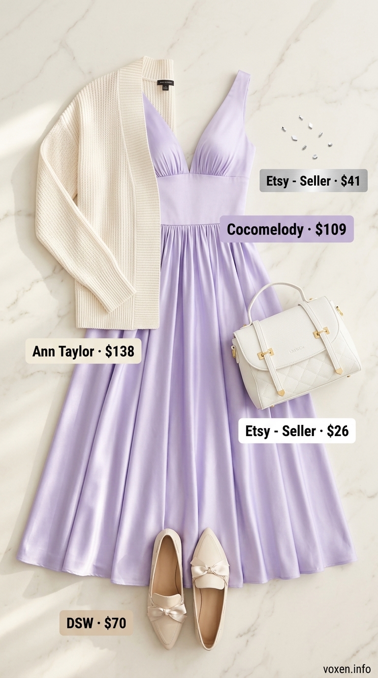Summer business casual outfit for women 2026: Lavender dress, white flats, white bag for department social.