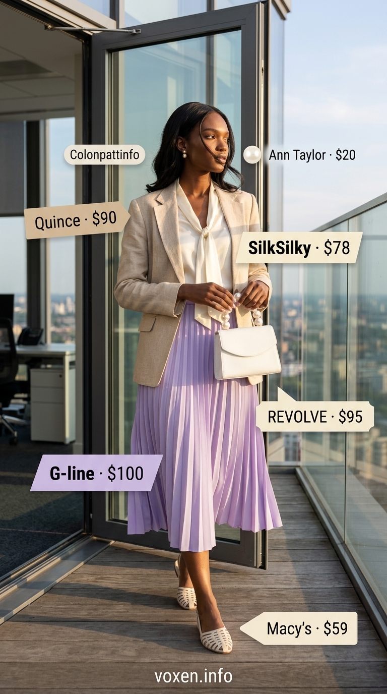Lavender A-line skirt and cream blouse for a graceful summer business casual outfit for women 2026. Feminine and refreshing.