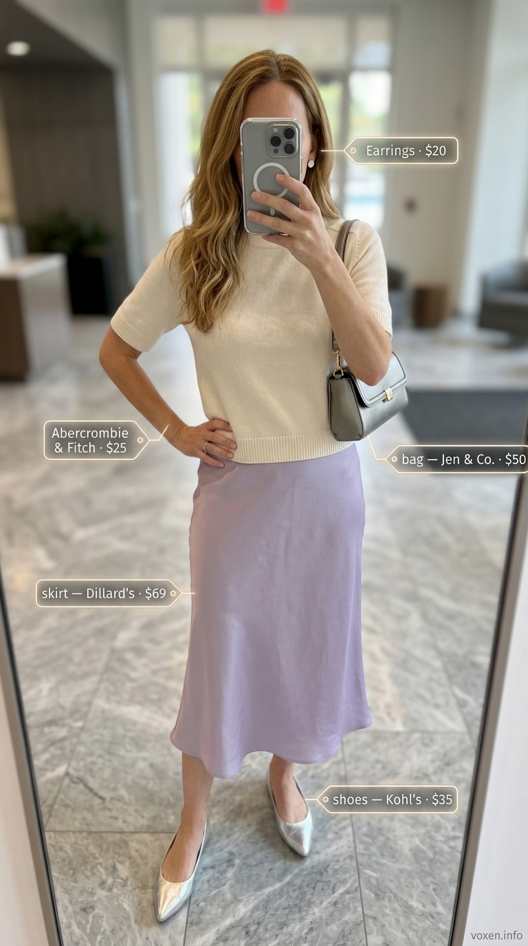 Lilac A-line skirt and cream top for a summer business casual outfit for women 2026. Feminine office style.