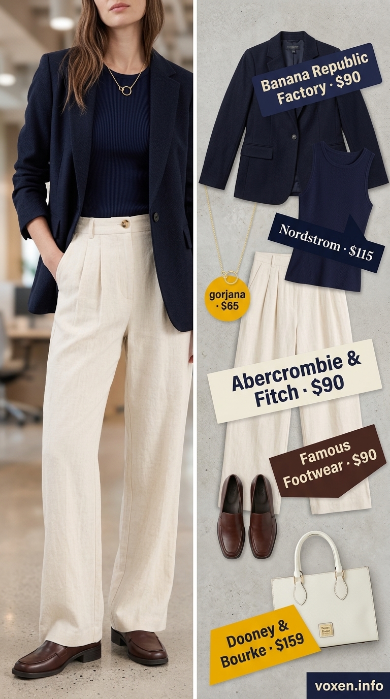 Cream linen trousers and navy knit top for a summer business casual outfit for women 2026. Polished office look.