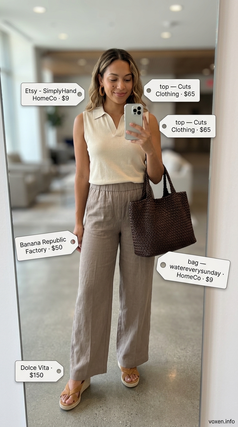 Taupe linen trousers and cream knit polo for a summer business casual outfit for women 2026. Comfortable office look.