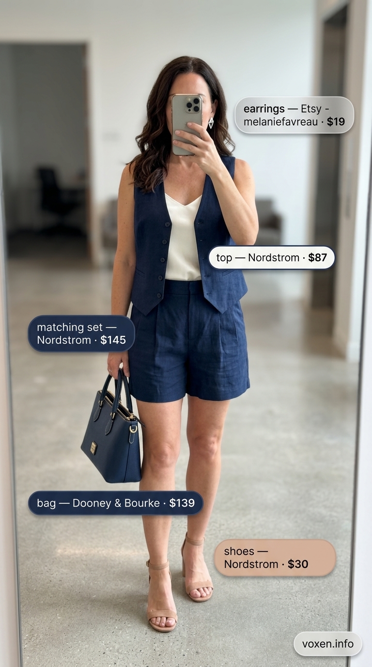 Navy linen shorts set with white silk camisole for a summer business casual outfit for women 2026. Trendy office look.