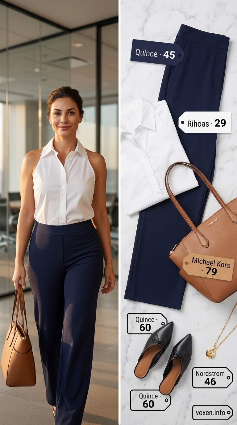 Navy wide-leg trousers and white blouse for a summer business casual outfit for women 2026. Polished alternative.