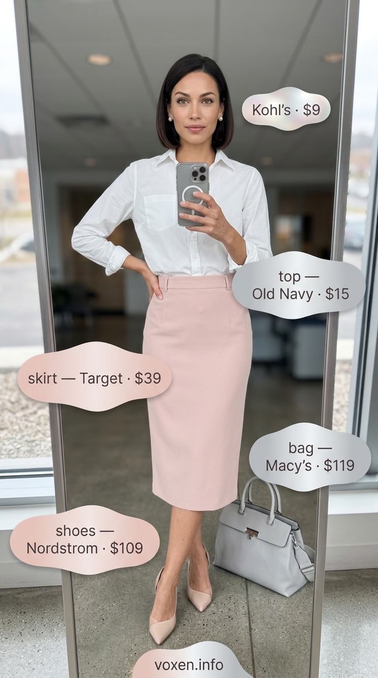Blush pink pencil skirt and white shirt for a refined summer business casual outfit for women 2026. Elegant and feminine.