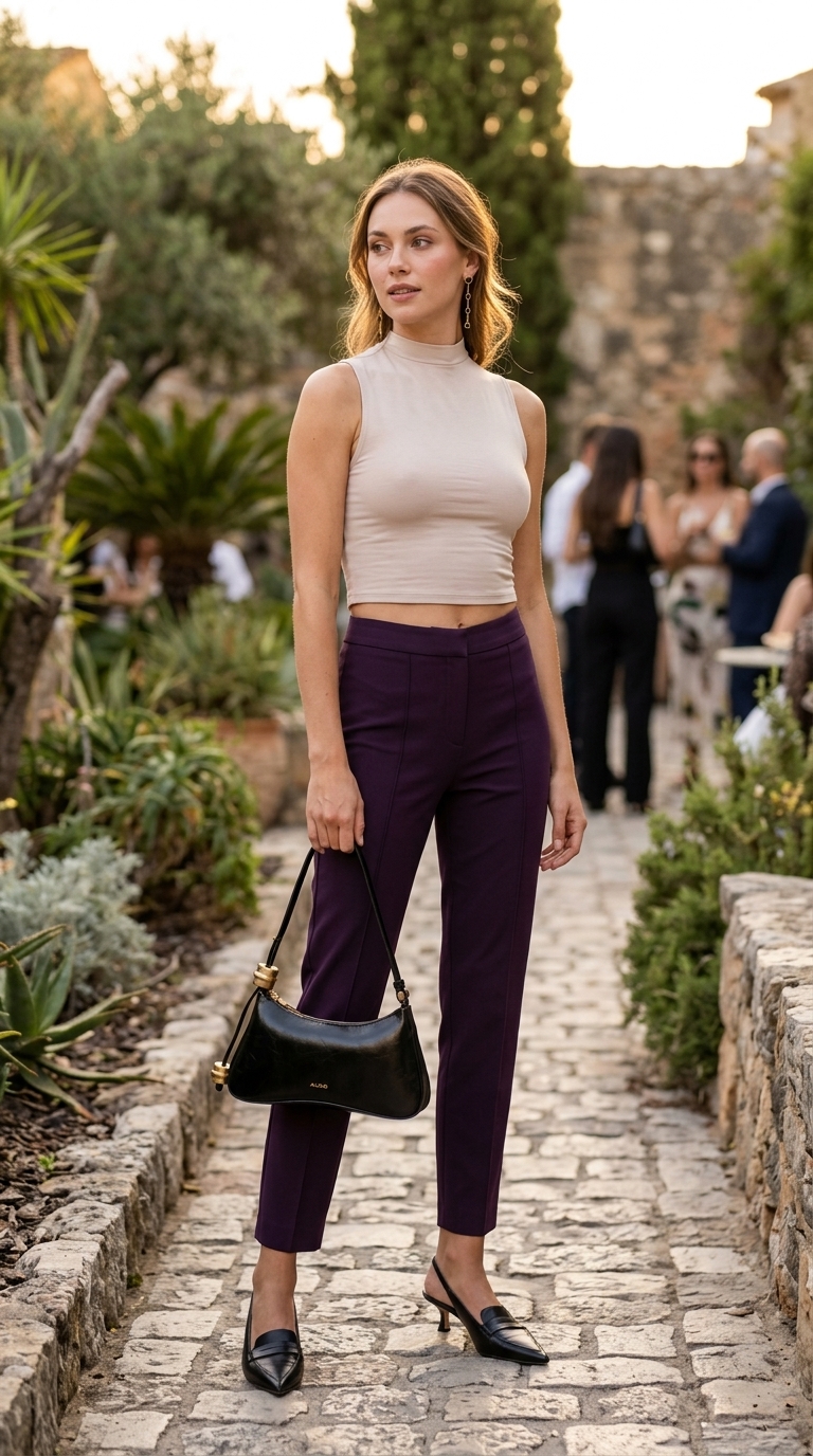 Summer business casual outfit for women 2026: Plum pants, blush top, black mules for creative workshop.