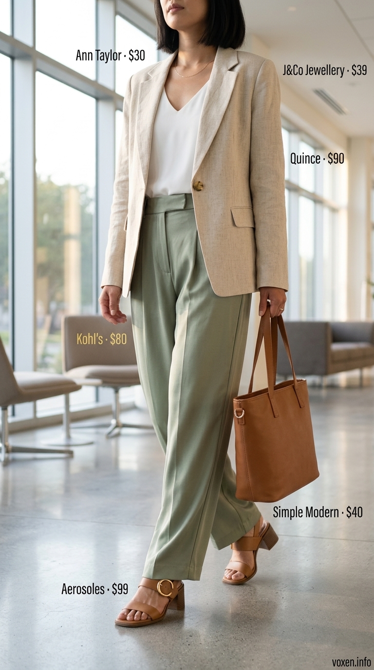 Sage green wide-leg trousers and cream blazer for a summer business casual outfit for women 2026. Polished office look.