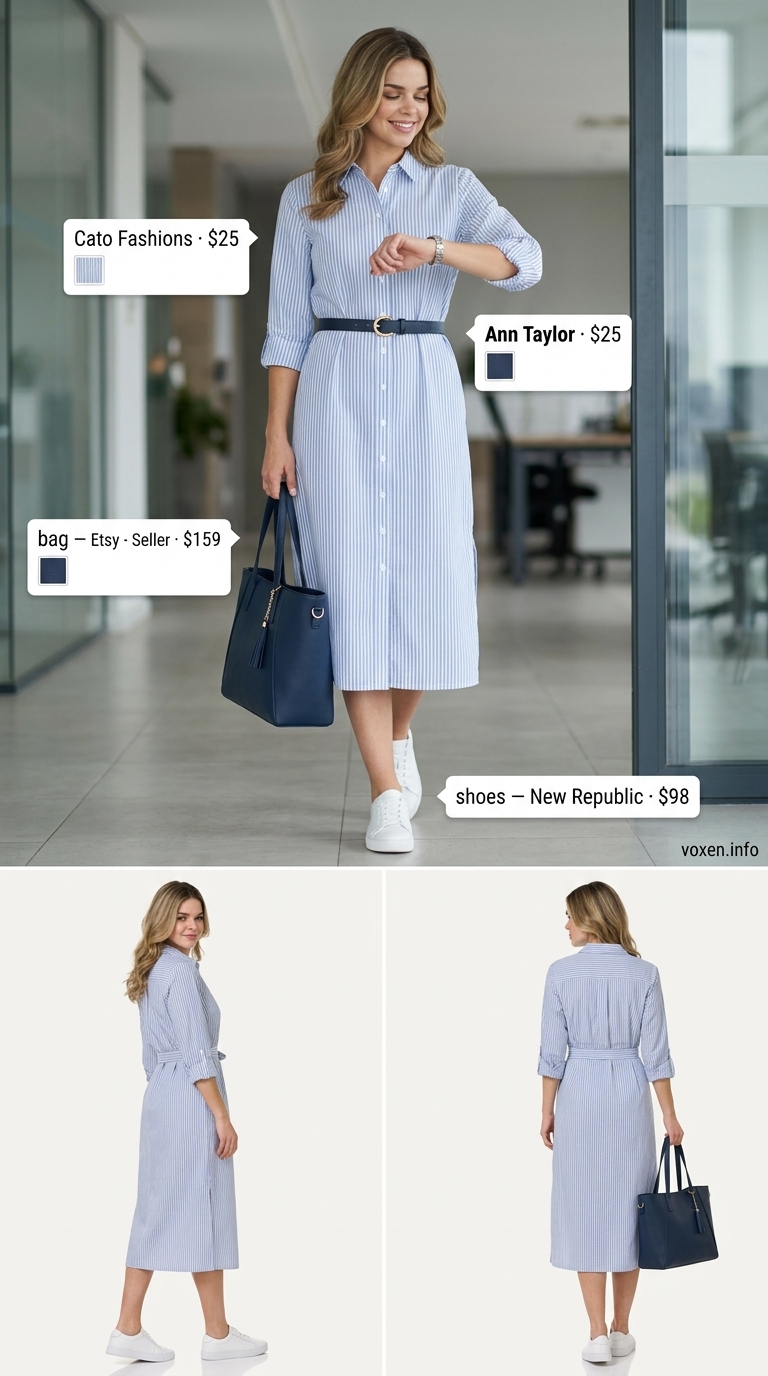 Summer business casual outfit for women 2026: Blue stripe shirt dress, white sneakers for everyday office.