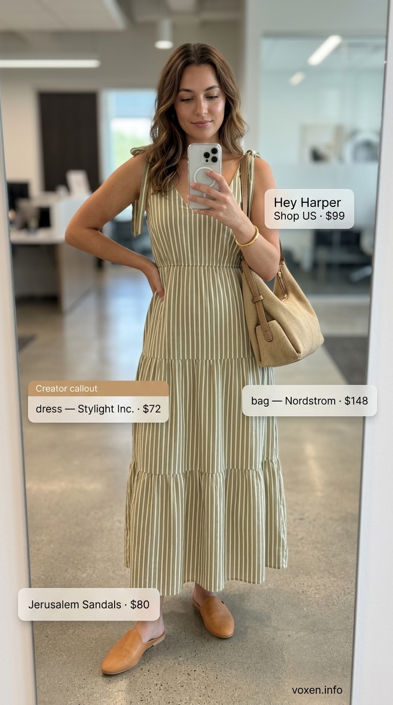 Olive green striped maxi dress for a summer business casual outfit for women 2026. Effortless office chic.