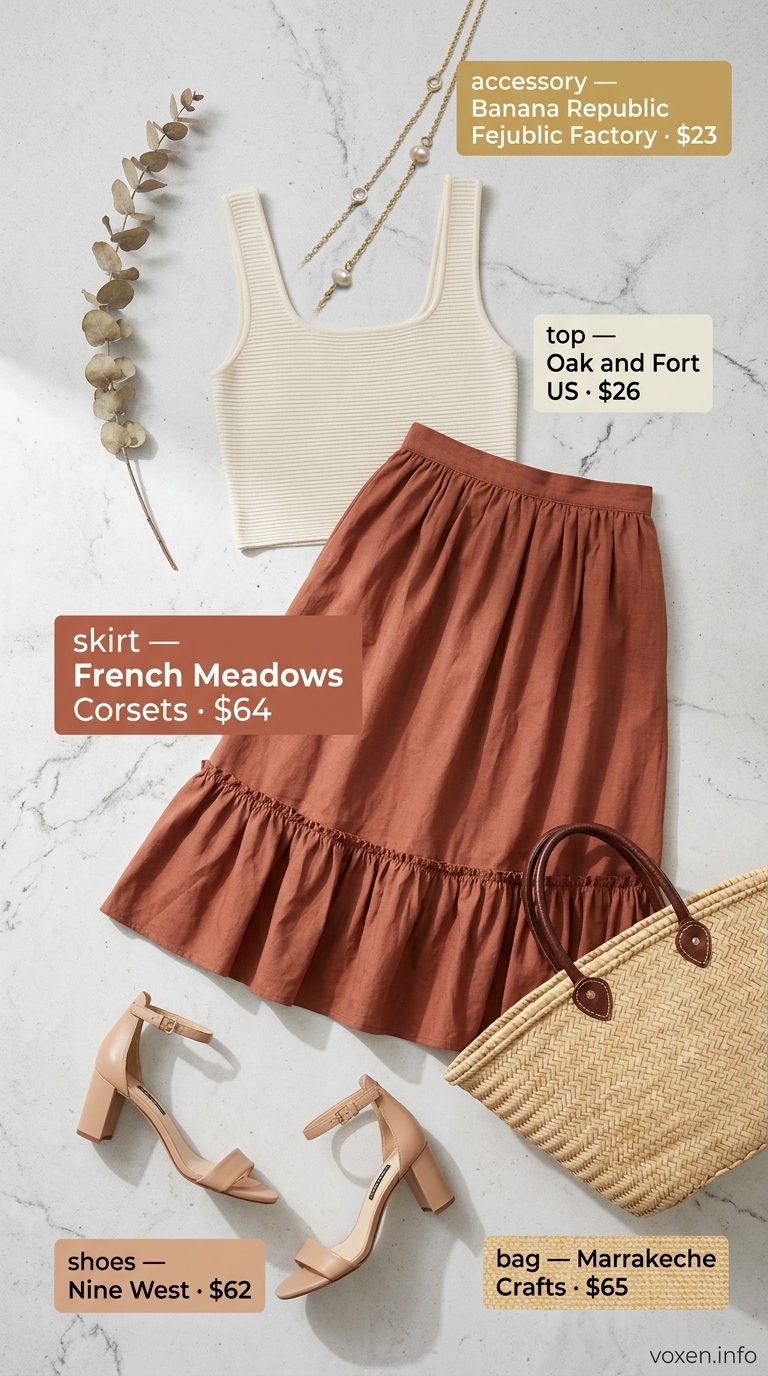 Summer business casual outfit for women 2026: Terracotta skirt, cream top, gold necklace for creative Fridays.