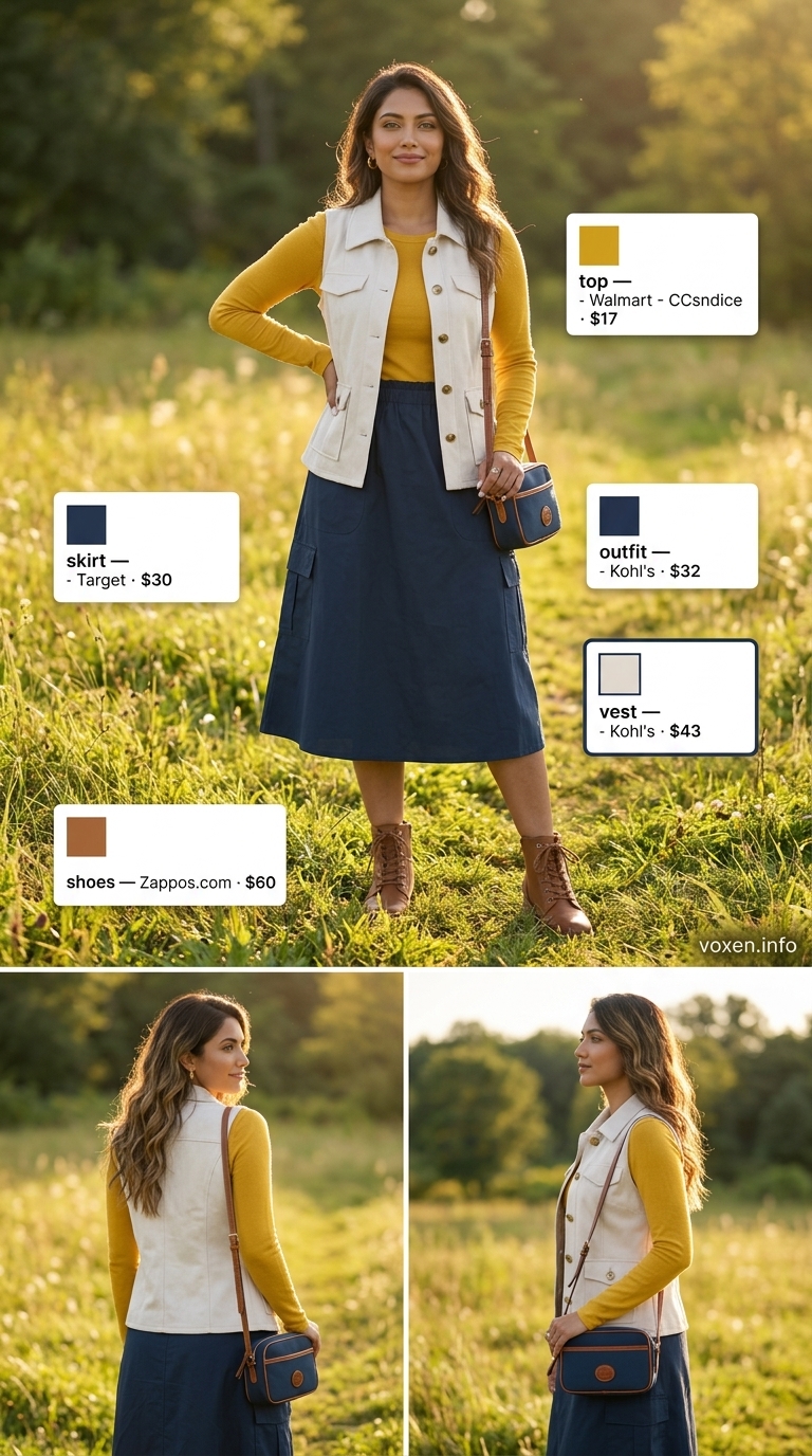 Summer camping outfits for women 2026: Navy midi skirt, mustard top, ankle boots for camp kitchen style.