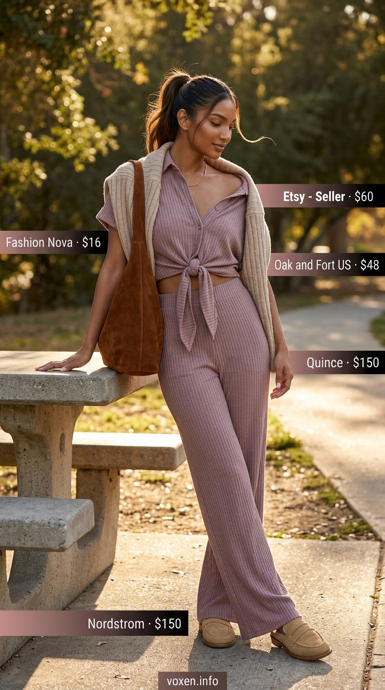 Summer camping outfits for women 2026: Cream knit set, suede shoulder bag, shearling mules for cozy lounging.