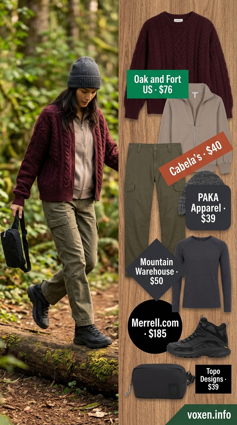 Summer camping outfits for women 2026: Olive cargo pants, burgundy sweater, hiking boots for campfire.