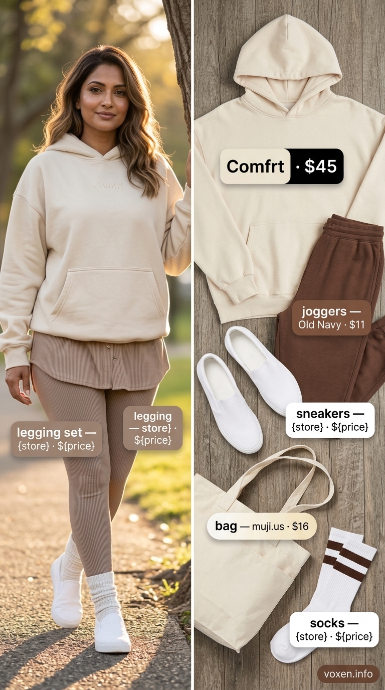 Cozy summer camping outfits for women 2026: cream hoodie, brown joggers, knit socks, canvas tote.