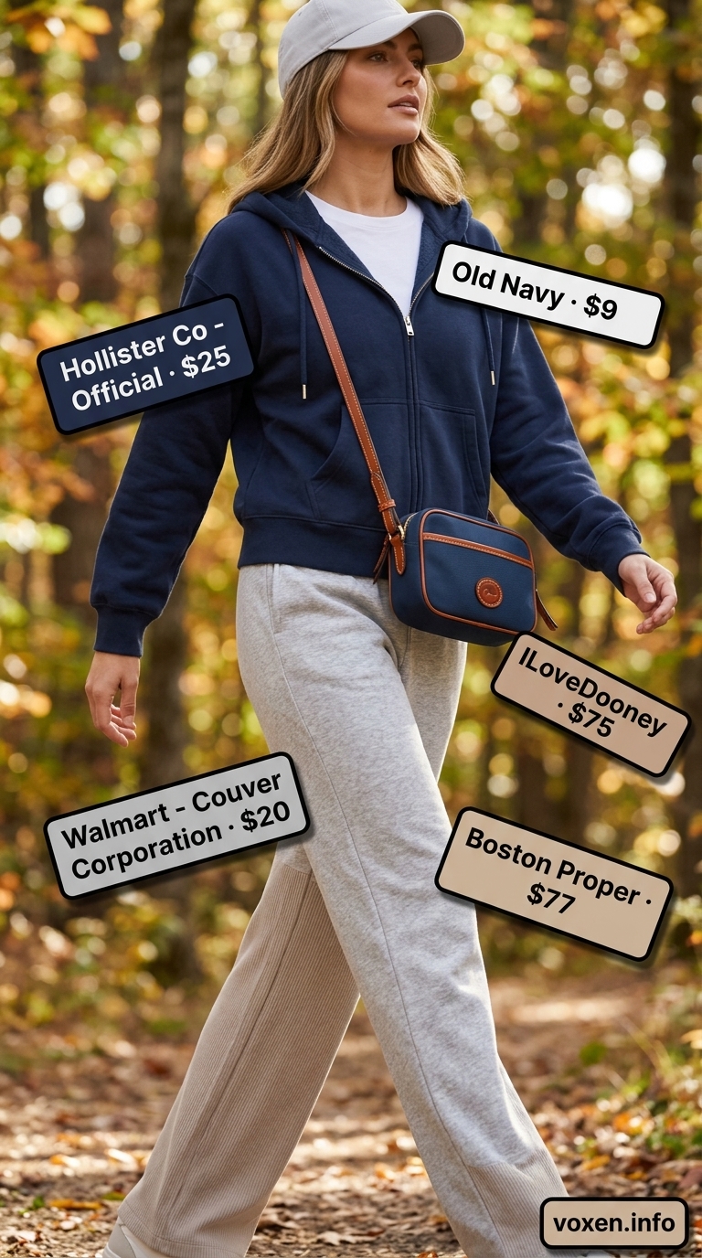 Summer camping outfits for women 2026: Grey joggers, navy hoodie, white tee, baseball cap for campsite lounging.
