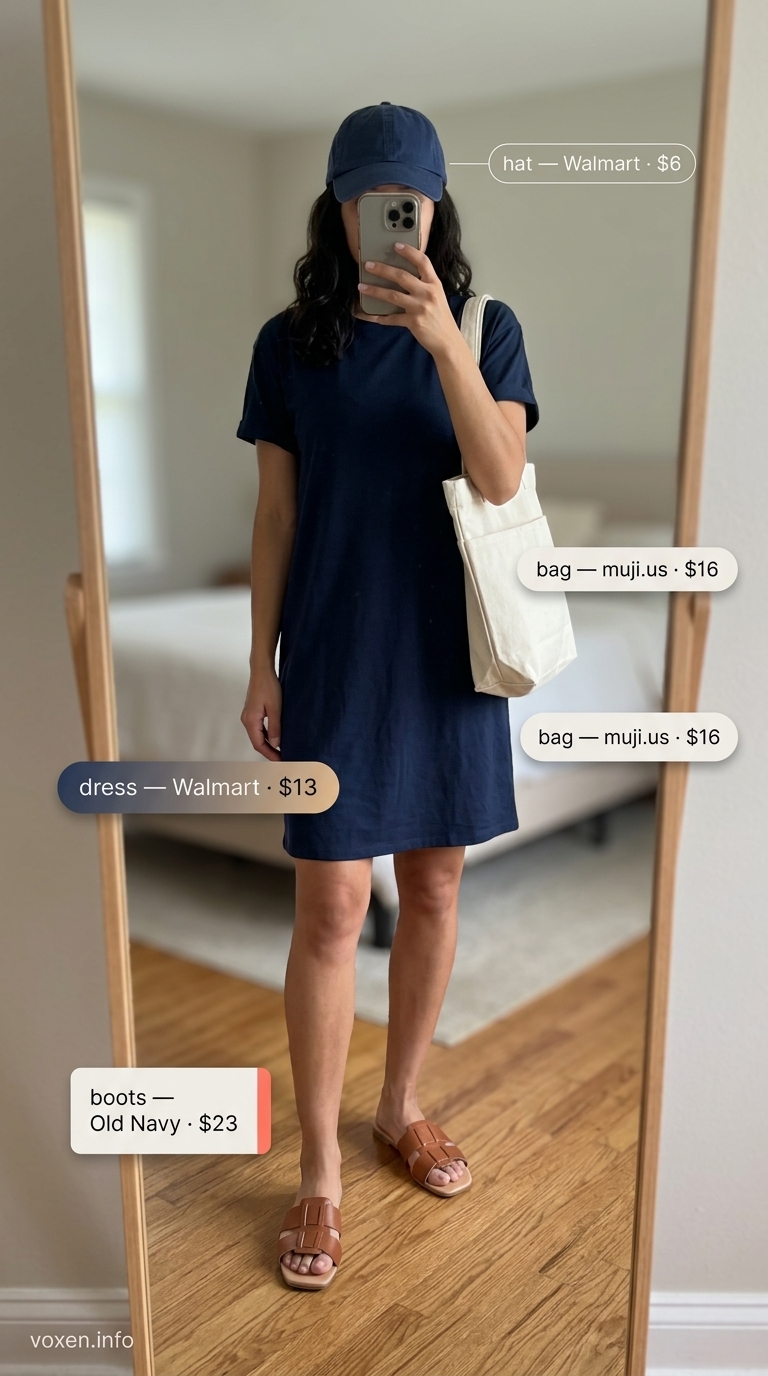 Summer camping outfits for women 2026: Navy t-shirt dress, sandals, baseball cap for casual campsite wear.