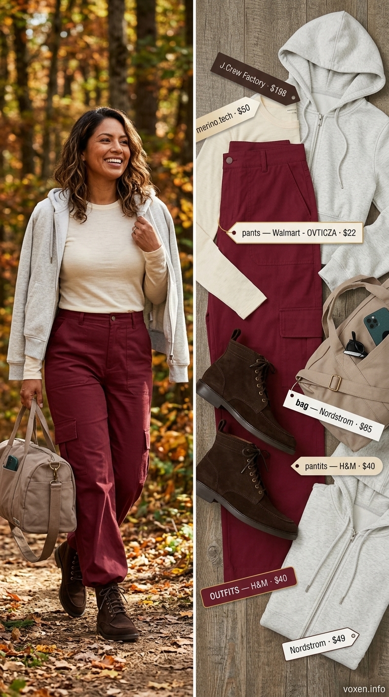 Summer camping outfits for women 2026: Burgundy cargo pants, grey fleece jacket, lace-up boots for warmth.