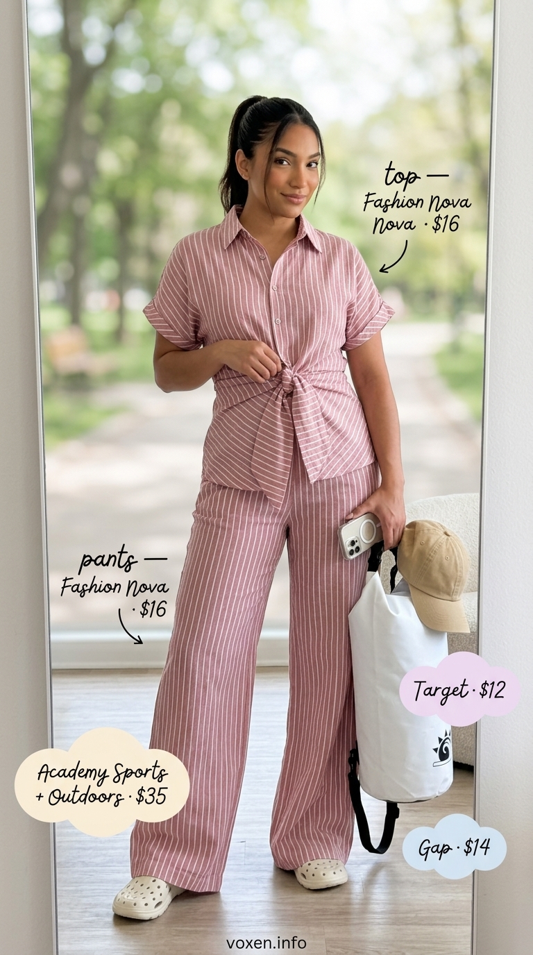 Summer camping outfits for women 2026: Coral romper, khaki cap, sport sandals for river adventures.