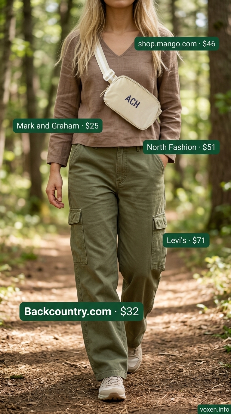 Adventurous summer camping outfits for women 2026: olive cargo pants, beige tee, wide-brim hat, hiking boots.
