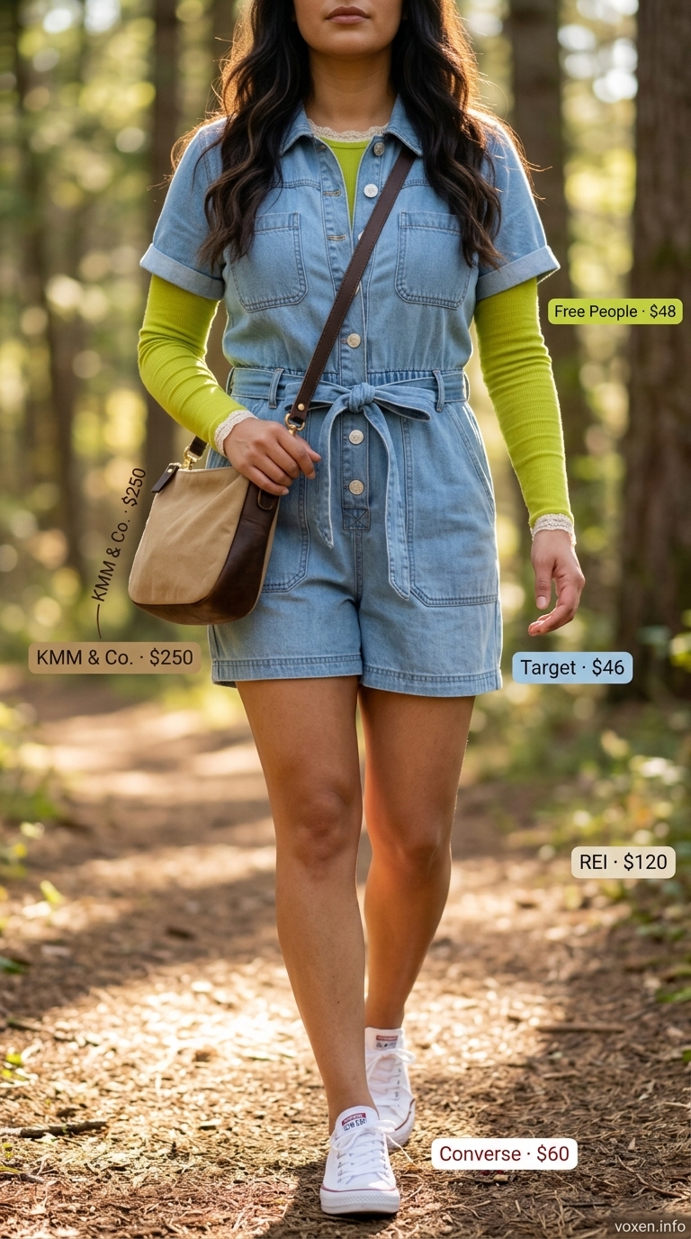 Summer camping outfits for women 2026: Denim romper, white sneakers, canvas crossbody bag for a picnic.