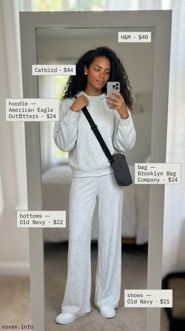 Summer camping outfits for women 2026: Grey hoodie, black joggers, slip-on sneakers for cozy campfire nights.