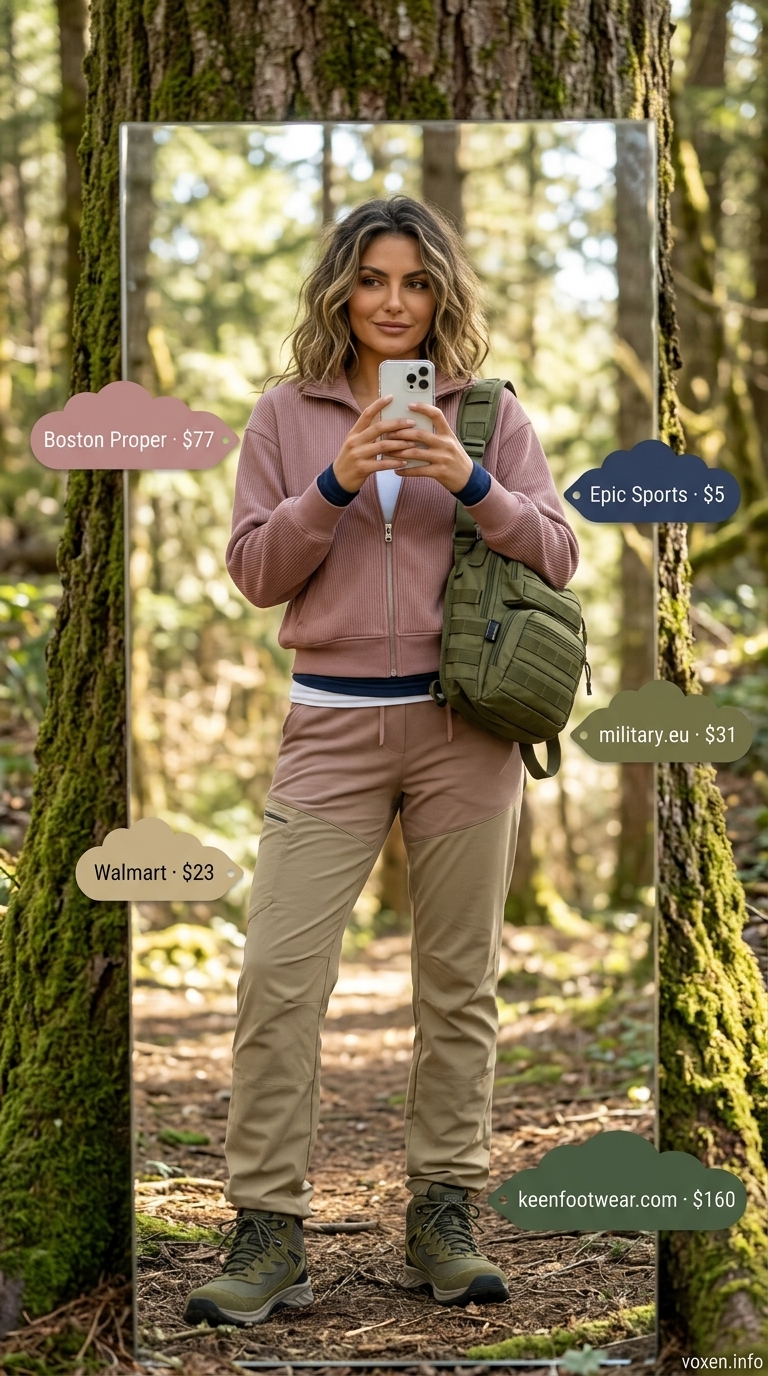 Summer camping outfits for women 2026: Hiking boots, beige pants, navy performance top for trail adventures.