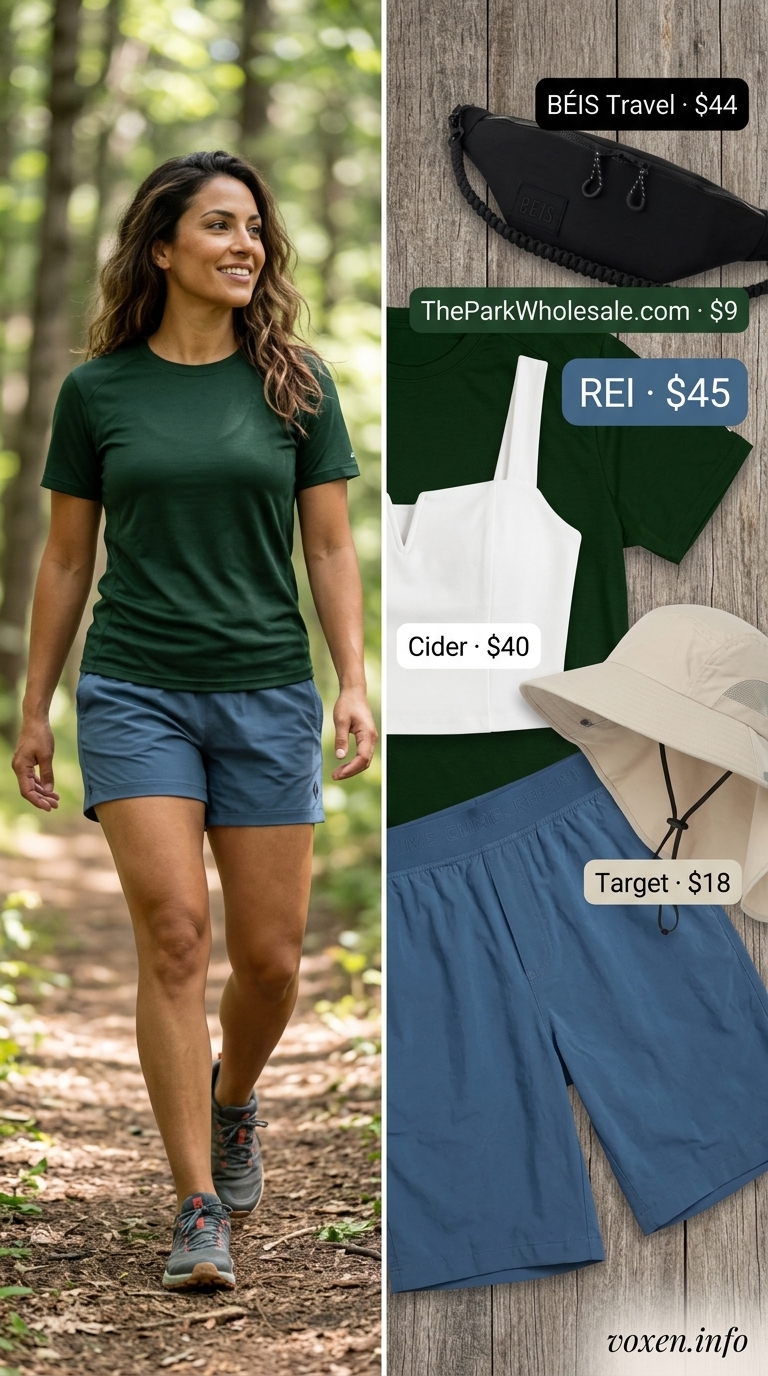 Summer camping outfits for women 2026: Denim shorts, green tee, trail sneakers for hiking and active days.