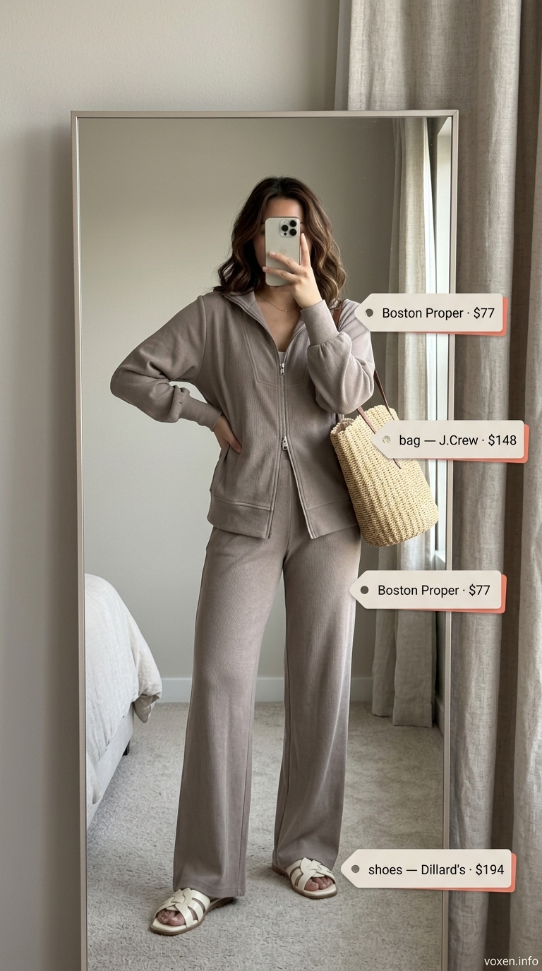 Summer camping outfits for women 2026: Blue striped matching set, straw hat, leather slides for lakeside relaxation.