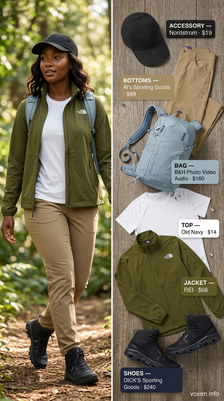Practical summer camping outfits for women 2026: olive jacket, beige hiking pants, white tee, hiking boots.