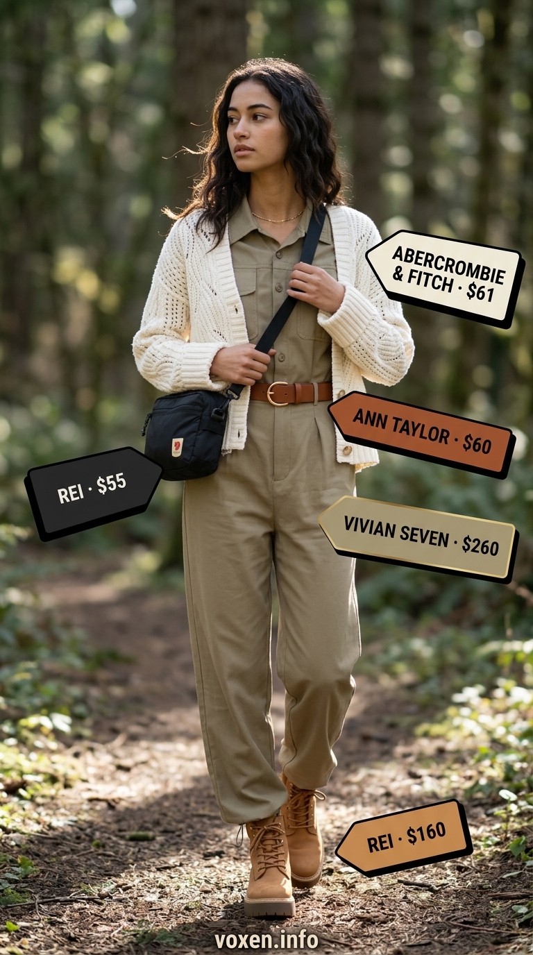 Summer camping outfits for women 2026: Khaki jumpsuit, cream cardigan, platform boots for hiking.