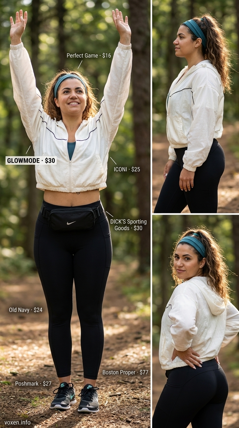 Sporty summer camping outfits for women 2026: black leggings, teal sports bra, white windbreaker, running shoes.