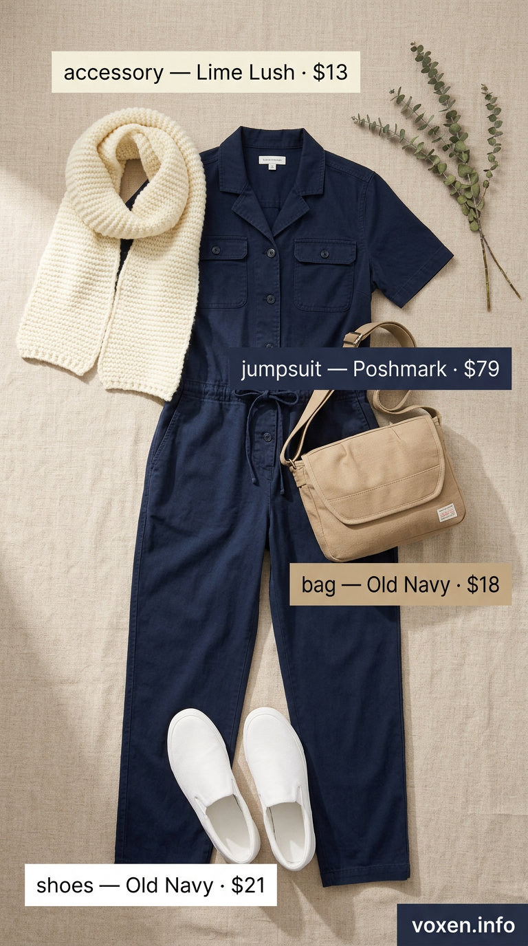Chic summer camping outfits for women 2026: navy utility jumpsuit, canvas sneakers, crossbody bag.