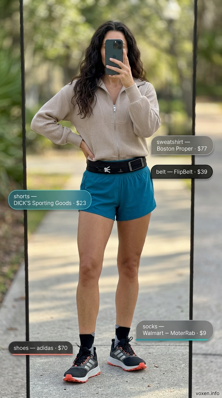 Active summer camping outfits for women 2026: teal athletic shorts, grey performance tee, trail runners.