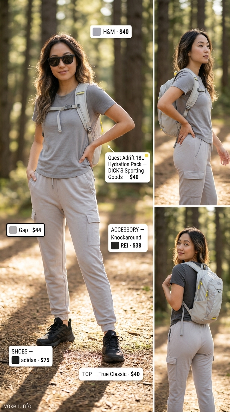 Practical summer camping outfits for women 2026: khaki cargo pants, charcoal tee, hiking shoes, small backpack.