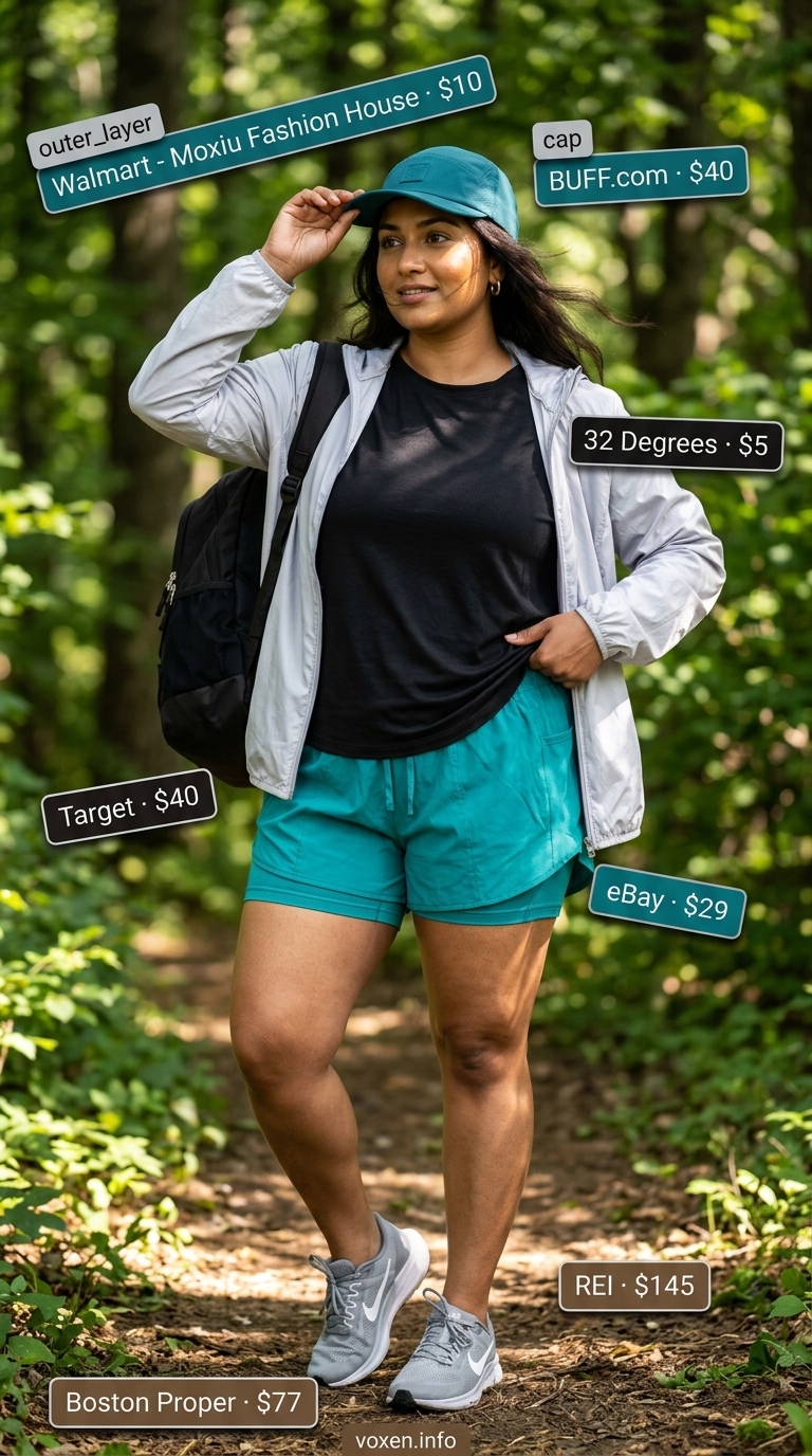 Summer camping outfits for women 2026: Teal shorts, black tee, grey windbreaker, athletic sneakers for hiking.