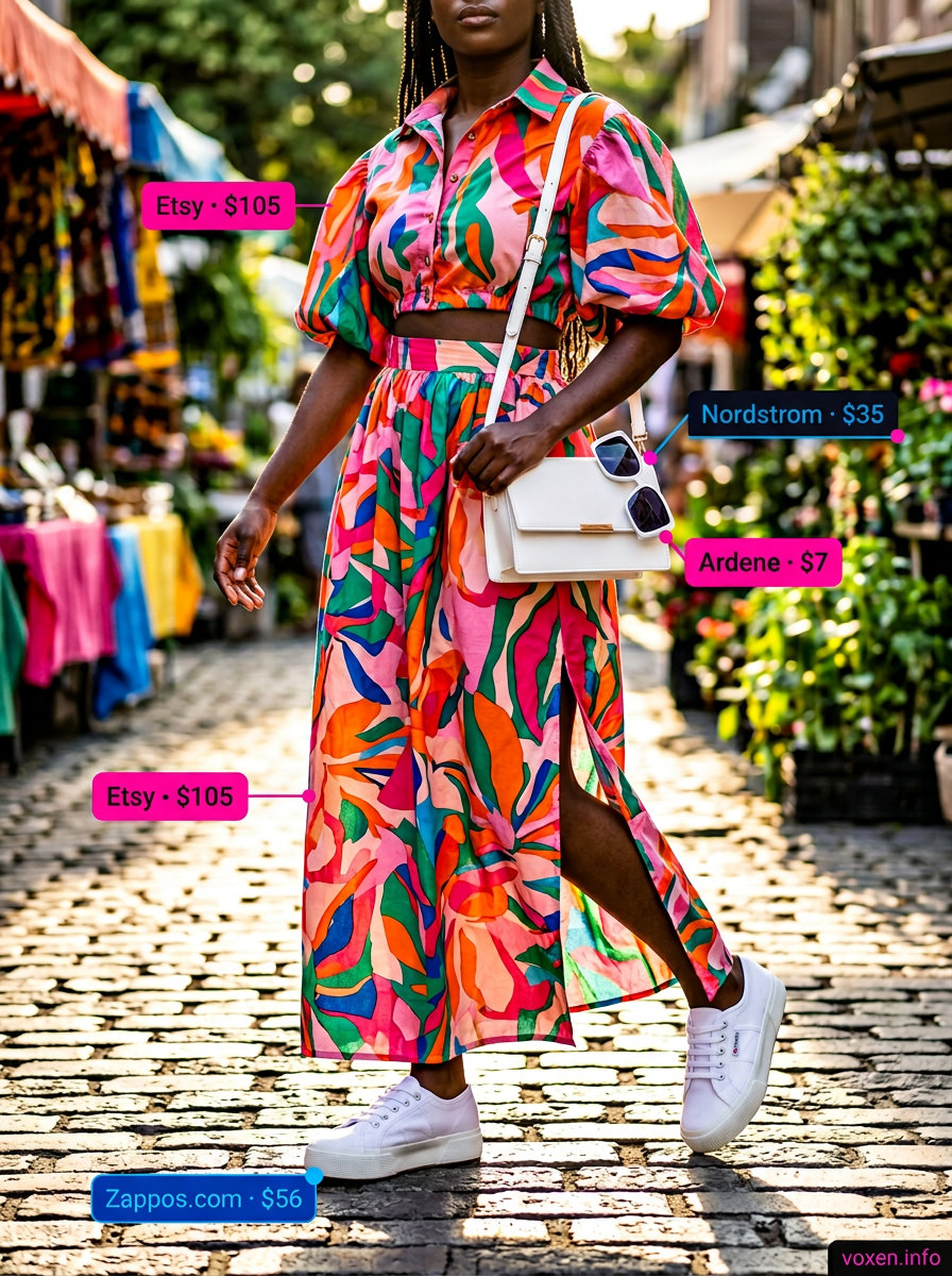 Bold abstract print two-piece set for women 2026, perfect for summer parties and vacation evenings.